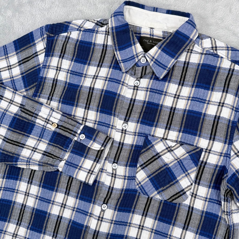 Rag & Bone Flannel Fit 3 Button Down Shirt Mens Medium Blue Plaid Long Sleeve